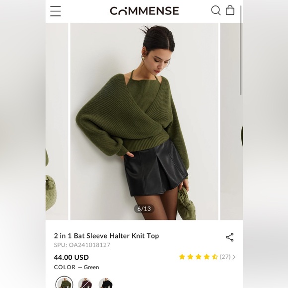 Commense 2 in 1 Bat Sleeve Halter Knit Top in Green Size Medium - Picture 3 of 5